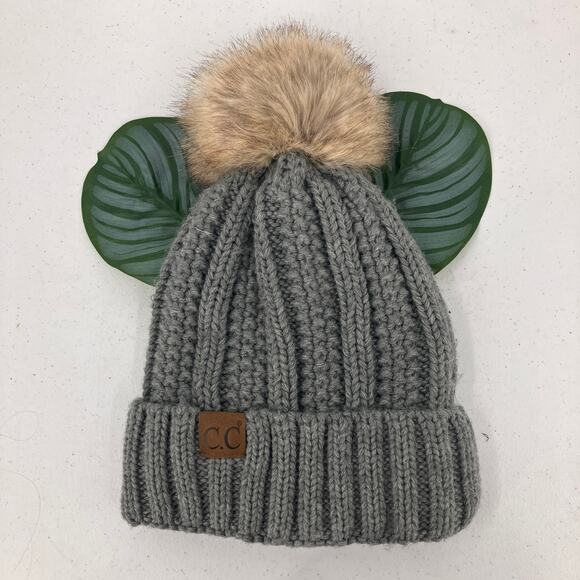 C.C Exclusives Gray Cable Knit Faux Fur Pom Cuff Faux Sherpa Lined Beanie Hat - Picture 1 of 6